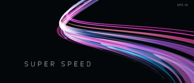 Speed track lights neon glowing lines abstract composition gradient purple curve in dark 3d