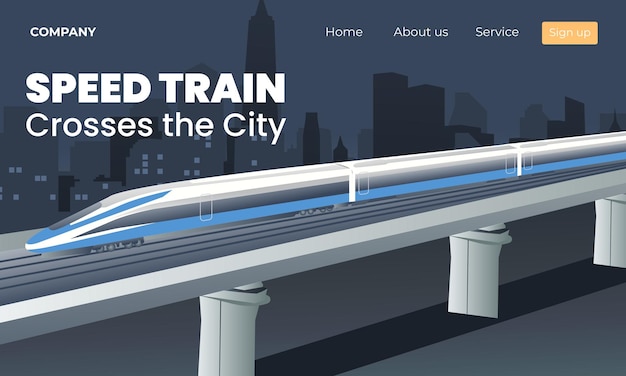 Speed train over city skyscraper view cityscape background vector illustration