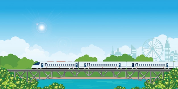 Vector speed train on railway bridge with forest and city view on background.