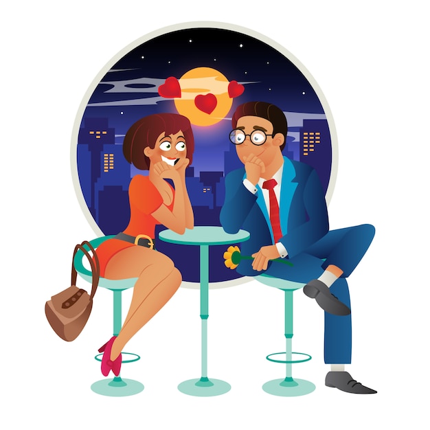 Speeddating romantische liefdesgebeurtenis in café - jonge zakenvrouw en man paar op een date, praten, ontmoeten, flirten en verliefd worden.