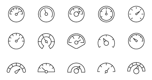 Speedometer icon set Gauge dashboard indicator scale Vector thin line icons