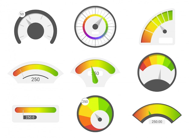 Speedometer icons. Credit score indicators. Speedometer goods gauge rating meter. 