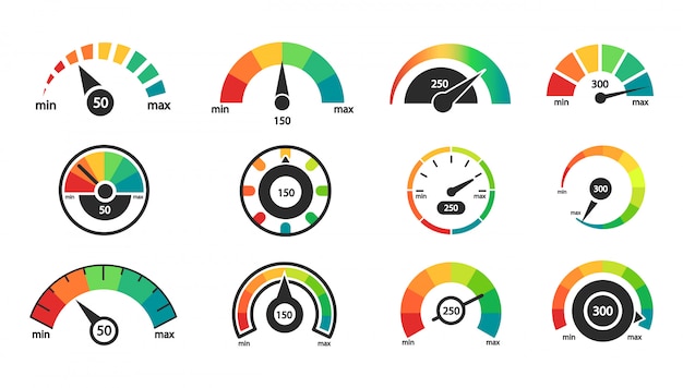 Speedometer icons set. Indicator scale. Business credit rating.