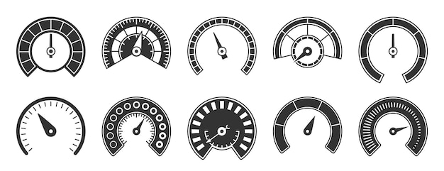 Indicatore tachimetro cruscotto nero glifo set trasporto icona misurazione velocità scala carico simbolo guida traffico download online alimentazione progresso internet tecnologia misurazione traffico isolato bianco