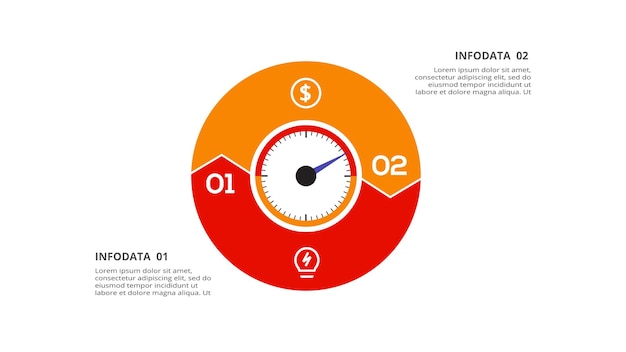 Infografica tachimetro con modello a 2 elementi per presentazioni aziendali web illustrazione vettoriale visualizzazione dei dati aziendali