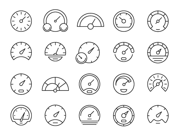 Speedometer line icons Loading and downloading speed indicator minimalistic outline tachometer gauge Vector set