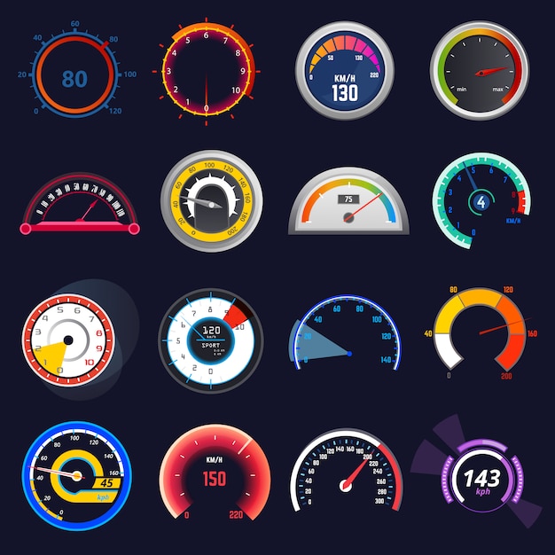 Speedometer vector car speed dashboard panel and speed-up power measurement illustration set