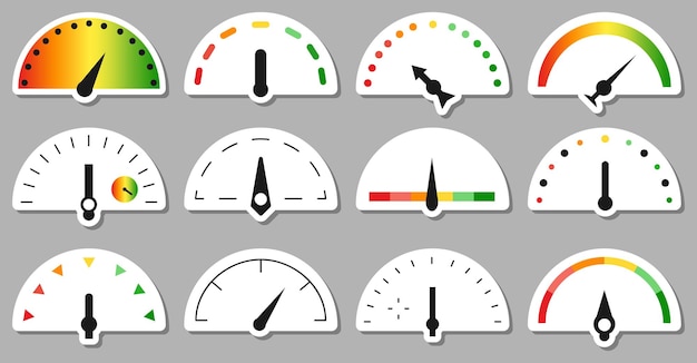 Vector speedometr rating with different shapes of arrows