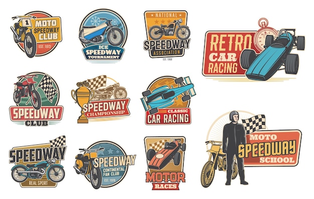 Speedway and car racing retro icons sport races