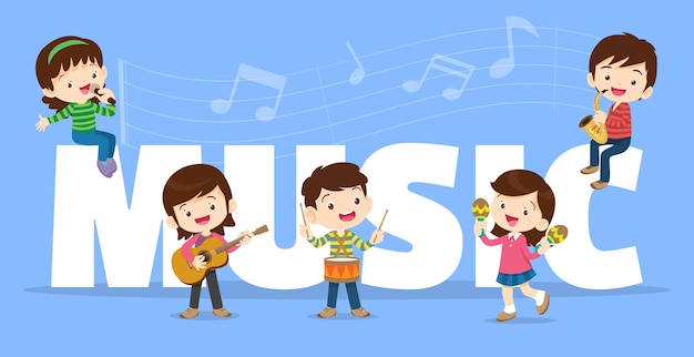 Speel muziekconcept van kinderen, groep kinderen met verschillende muziekinstrumenten, schattige kindermuzikanten