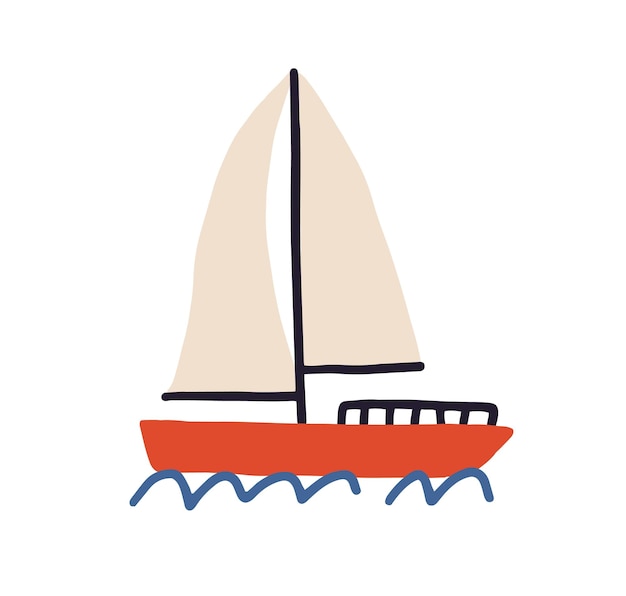 Speelgoed boot met zeilen drijvend in zee of oceaan geïsoleerd op een witte achtergrond. Handgetekende zeilboot die op golven van water reist. Kinderachtig gekleurde platte vectorillustratie in Scandinavische stijl.