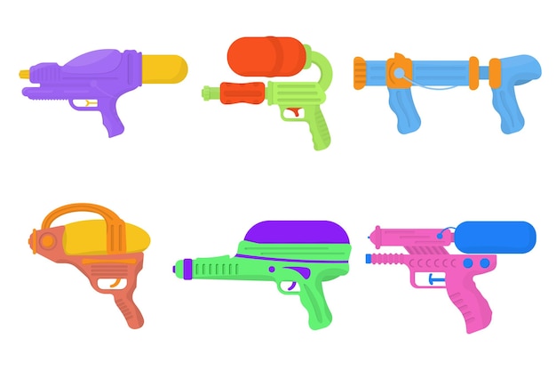 Speelgoedwapens voor kinderen waterpistolen pistolen blasters speelgoedpistool plat kinderspeelgoed pistolen rayguns vector