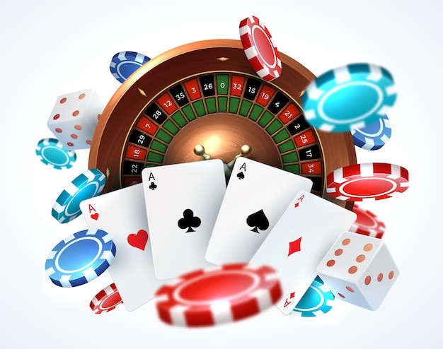 Vector speelkaarten pokerfiches. vallende dobbelstenen online casino gokken realistisch spelconcept met gelukkige roulette