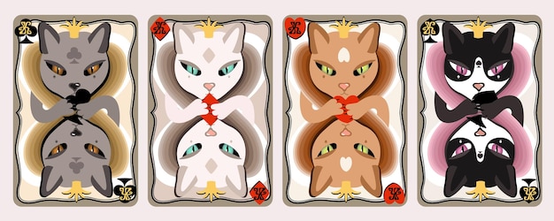Speelkaartkoningen in de vorm van katten van verschillende kleuren. Vectorinzameling van vier kaarten.