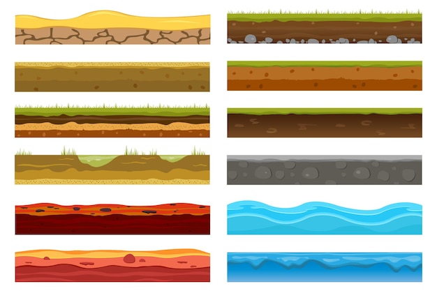 Speelomgeving: landschap. Grond, aarde, wateroppervlak, voor aangepaste spellen. 2D-gameplatform. Vec