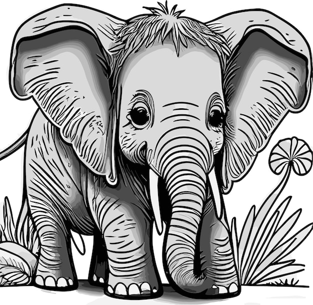 Vector speelse babyolifant geniet van jungle-avonturen met extra grote oren en slurf kleurboek