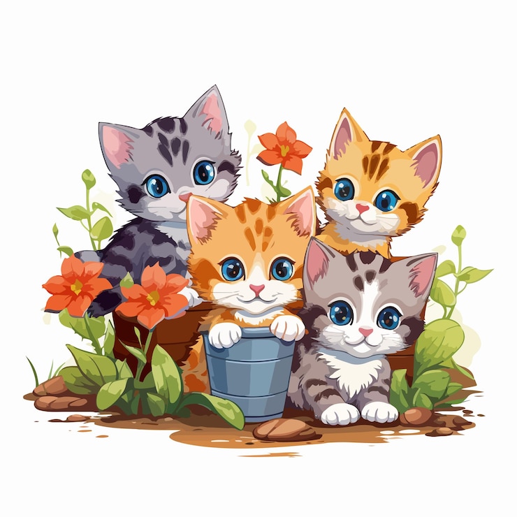 Vector speelse illustratie van de tuin van vijf kittens