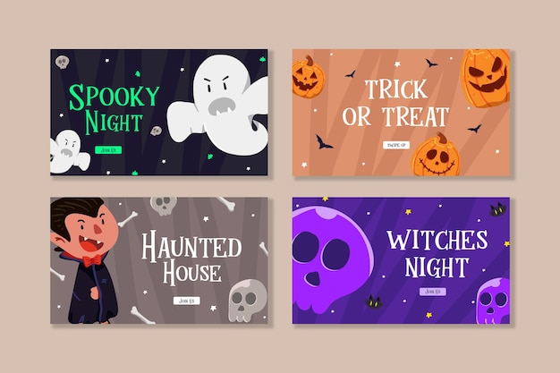 Speelse platte halloween-kaart banner set promo sjabloon