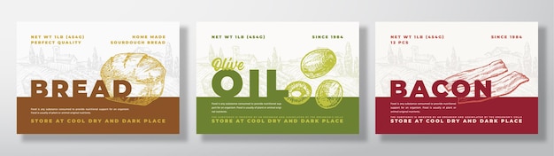 Spek Olijfolie en Zuurdesem Brood Voedsel Label Sjablonen Set Abstract Vector Verpakking Ontwerp Lay-outs Bundel Moderne Typografie Banners met Handgetekende Landelijk Landschap Achtergrond Geïsoleerd