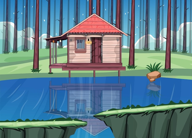 spel achtergrond cartoon vector, Lakeside house