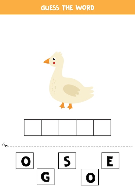 Spel het woord gans. illustratie van schattige gans. spellingsspel voor kinderen.