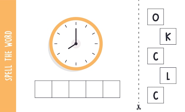 Spel het woord klok en spelling concept voor kinderen platte vectorillustratie