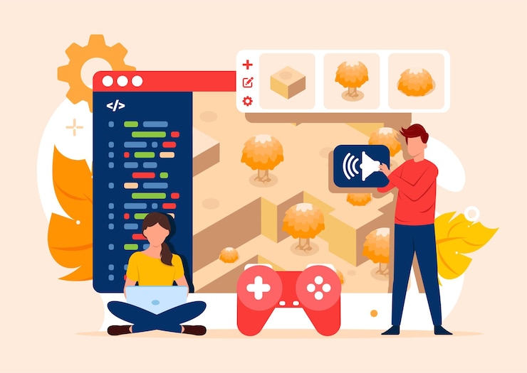 Vector spel ontwikkelingsconcept. digitale technologie, programmeren en coderen platte vectorillustratie
