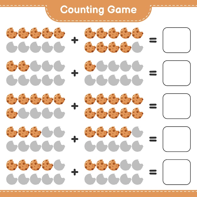 Spel tellen, het aantal cookies tellen en het resultaat schrijven. educatief kinderspel, afdrukbaar werkblad