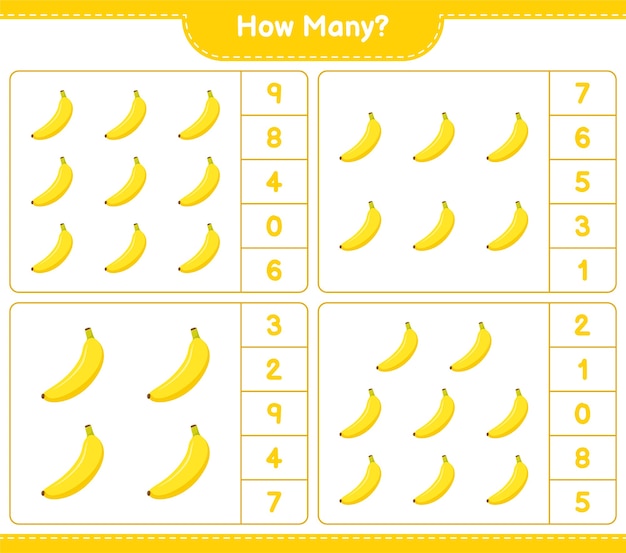 Spel tellen, hoeveel bananen. Educatief kinderspel, afdrukbaar werkblad