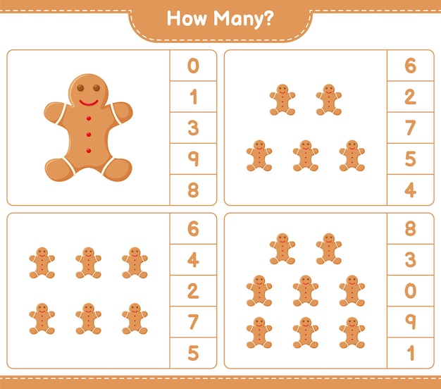 Spel tellen, hoeveel Gingerbread Man. Educatief kinderspel, afdrukbaar werkblad,