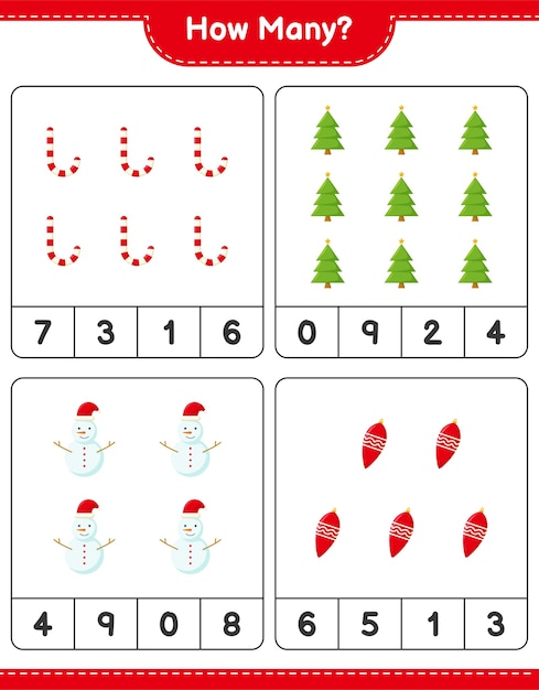 Spel tellen, hoeveel kerstversiering educatief kinderspel, afdrukbaar werkblad
