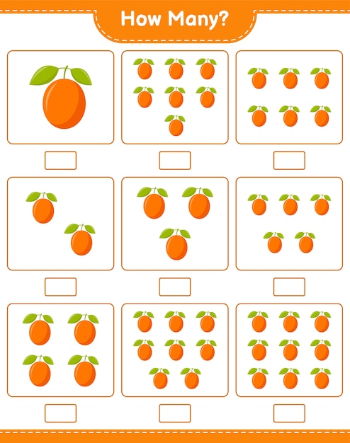 Spel tellen, hoeveel Ximenia. Educatief kinderspel, afdrukbaar werkblad