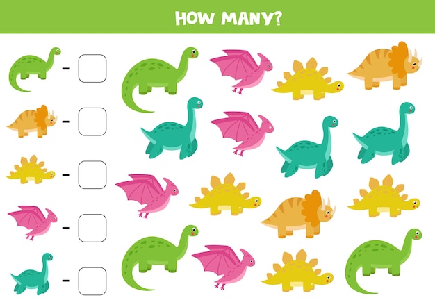 Spel tellen met schattige cartoondinosaurussen Math-werkblad