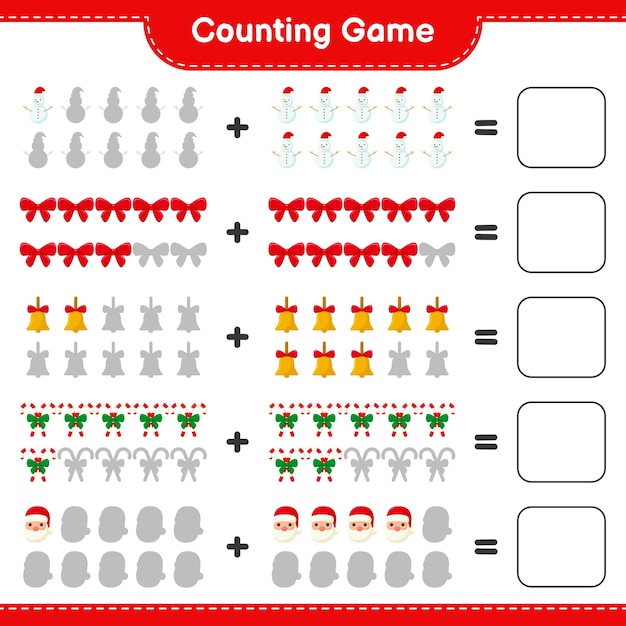 Spel tellen, tel het aantal kerstversieringen en schrijf het resultaat. Educatief kinderspel