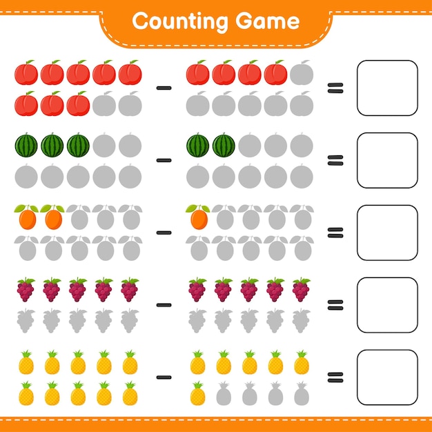 Spel tellen, tel het aantal vruchten en schrijf het resultaat. Educatief kinderspel, afdrukbaar werkblad