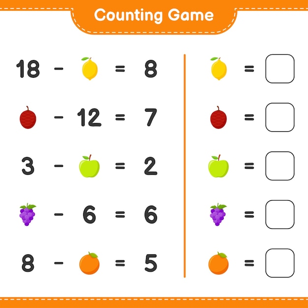 Spel tellen, tel het aantal vruchten en schrijf het resultaat. Educatief kinderspel, afdrukbaar werkblad