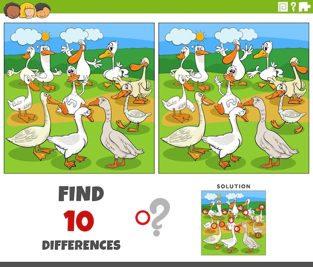 Vector spel verschillen met cartoon ganzen vogels boerderij dieren personages