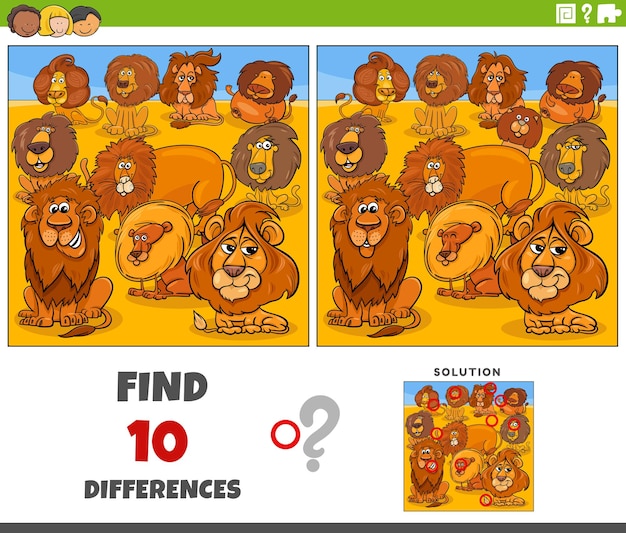 Vector spel verschillen met cartoon leeuwen wilde dieren personages