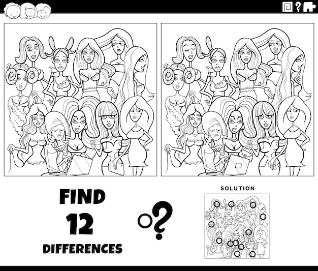 Vector spel verschillen met cartoon vrouwen groep kleurpagina
