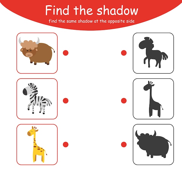 Spel voor kinderen. schaduw. Zoek de juiste schaduw. Werkblad vectorontwerp voor kinderen en voor kleuters.