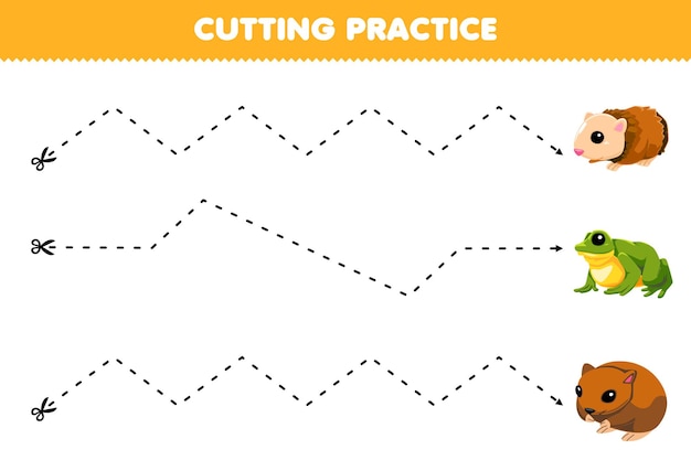 Spel voor kinderen snijden oefening met schattige proefkonijn kikker en hamster drukbare huisdieren werkblad