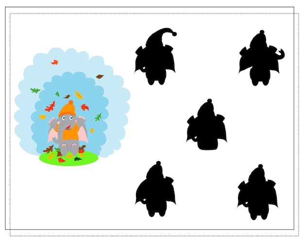 Spel voor kinderen vind de juiste schaduw schattige cartoon olifant gooit herfst platte vectorillustratie