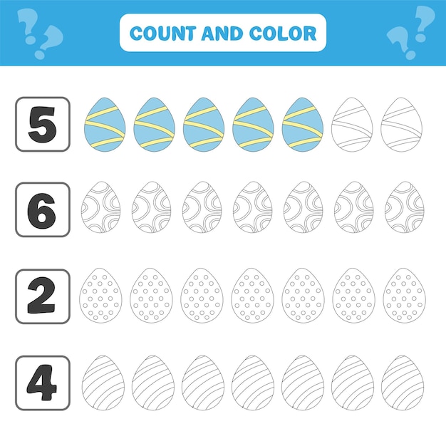 Spel voor kleuters. tel en kleur paaseieren in de afbeelding. eenvoudige platte geïsoleerde vectorillustratie