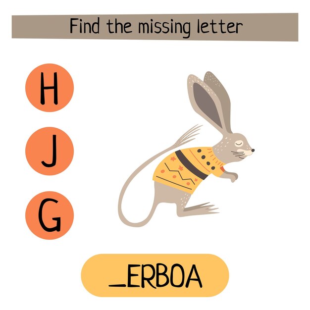 Spel "Zoek de verloren letter in het woord Jerboa" voor kinderen. Cartoon vectorillustratie.