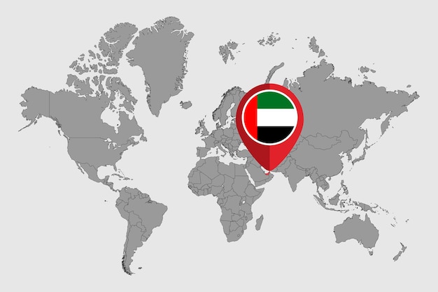 Speldkaart met de vlag van de verenigde arabische emiraten op wereldkaart vectorillustratie