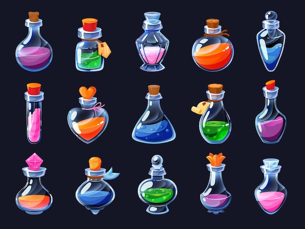 Speldrankje Cartoon elixer voor kracht mana en uithoudingsvermogen liefdesdrankje vergif en tegengif in magische flesjes 2D spel UI pictogram actief Vector sprite interface-elementen set