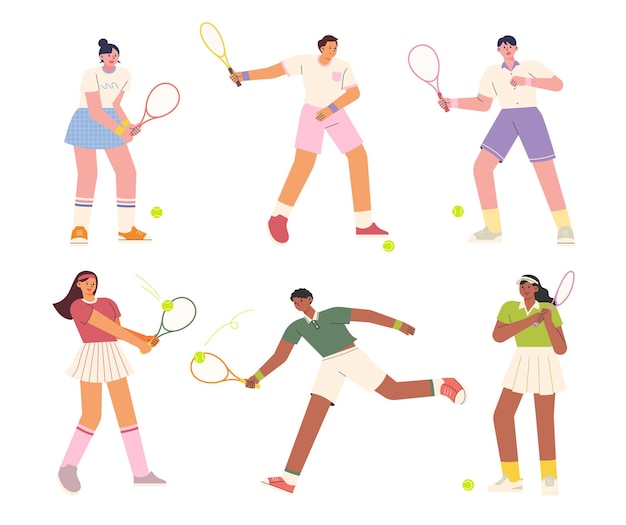 Spelers in stijlvolle tennisshirts zwaaien met rackets. platte vectorillustratie.