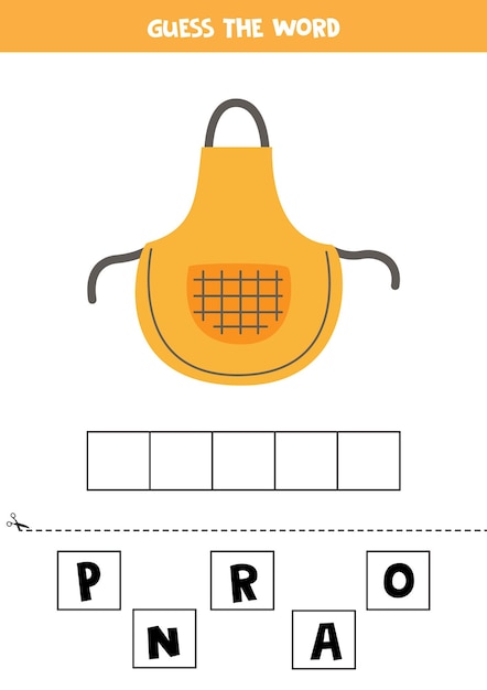 Произнесите слово фартук. иллюстрация кухонного фартука. орфографическая игра для детей.