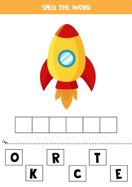 Произнесите слово по буквам. векторная иллюстрация мультяшной ракеты. орфографическая игра для детей.