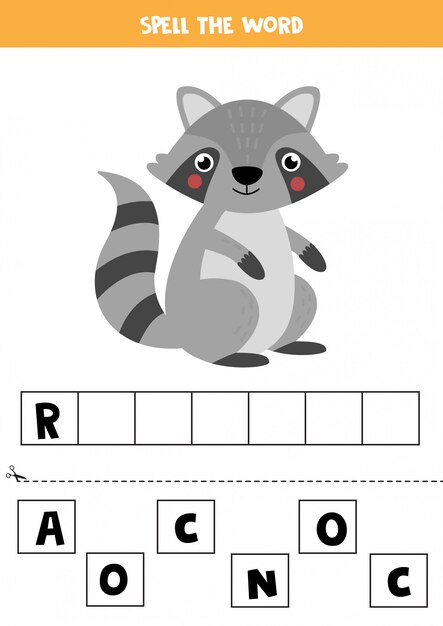 Spell the word by letters. cute cartoon raccoon.